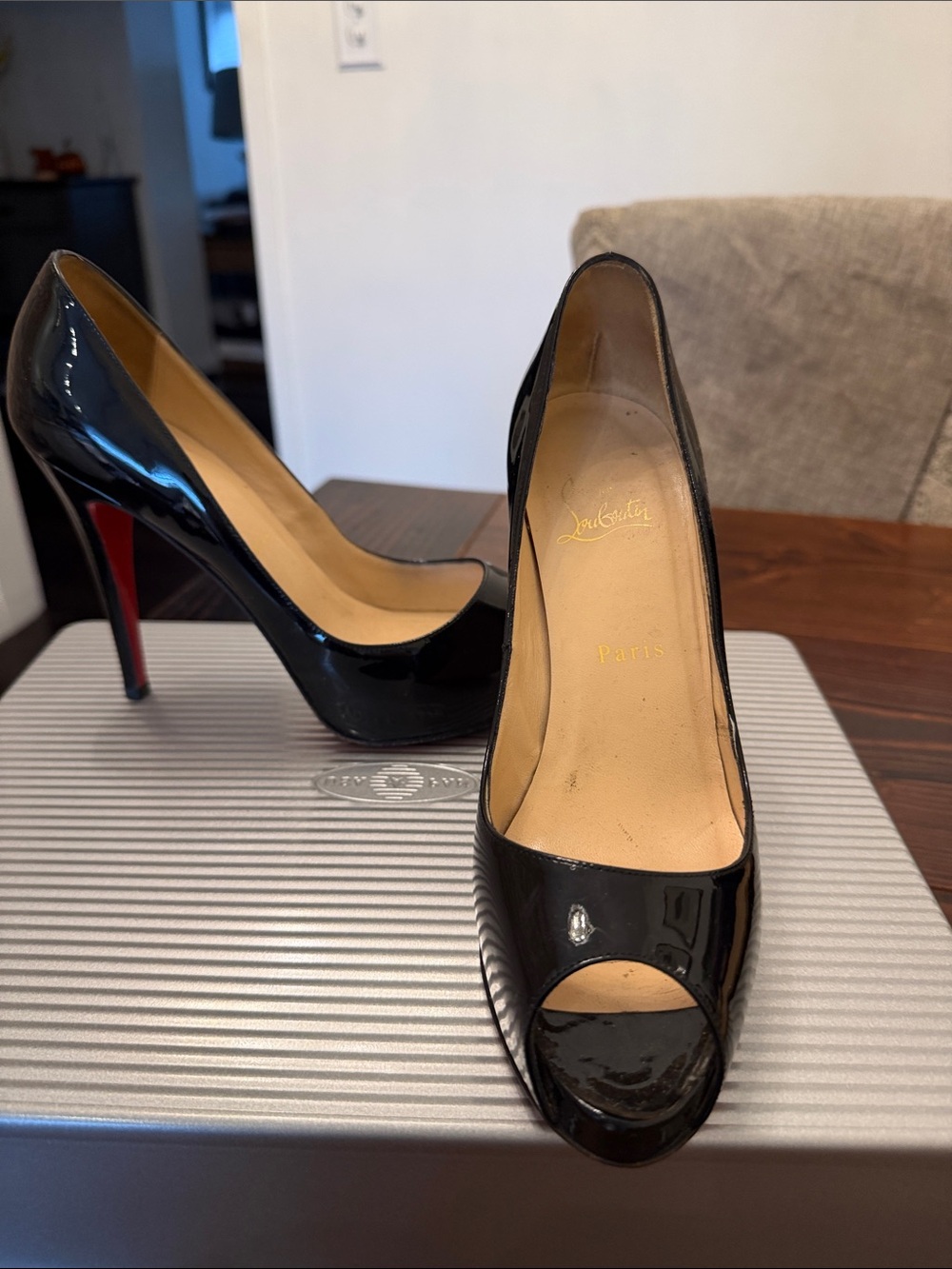 Christian Louboutin Black Patent Peep-Toe Pumps with Signature Red Sole